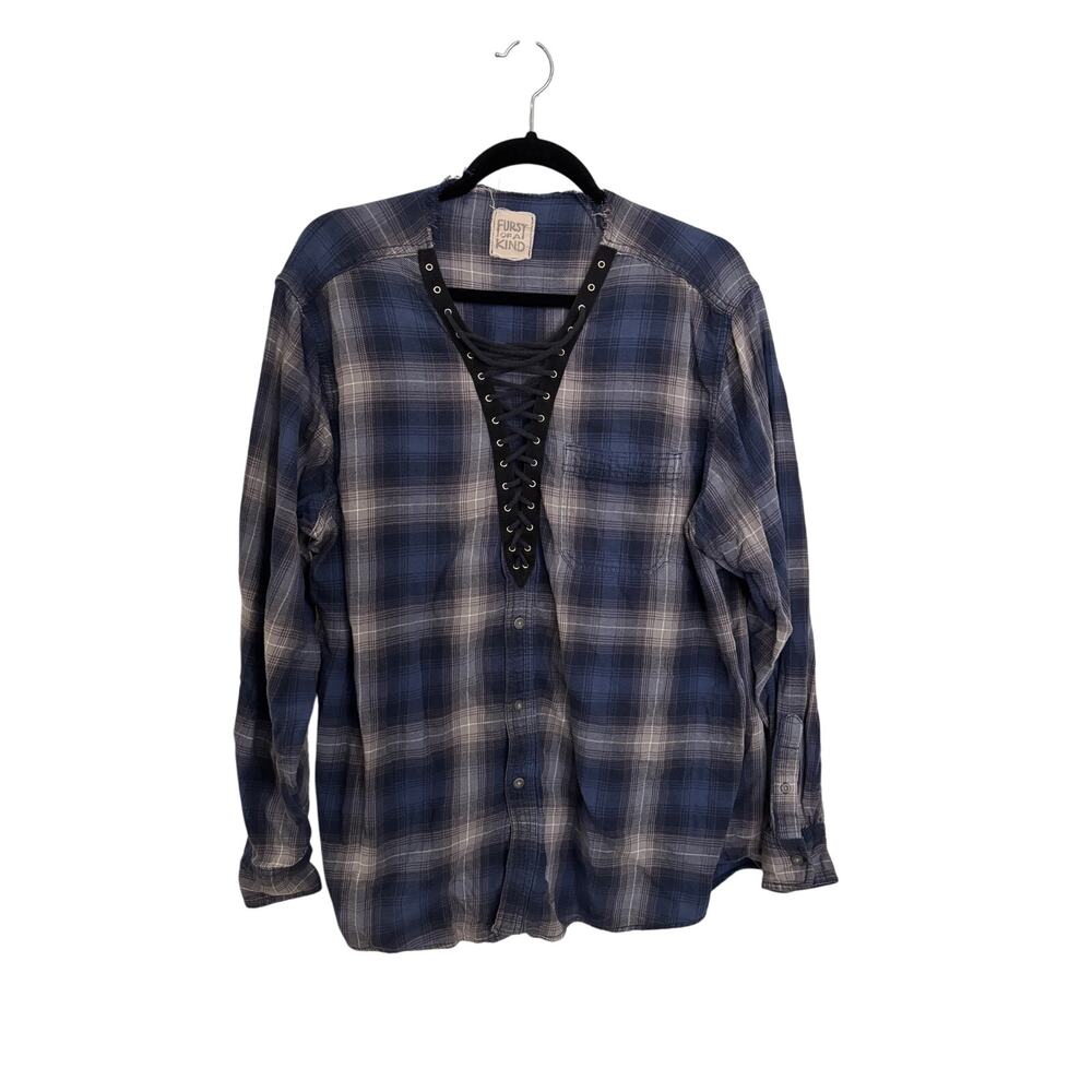 LF Furst Of A Kind Tunic Womens XL Flannel Navy Gray Plaid Long Sleeve Shirt Top